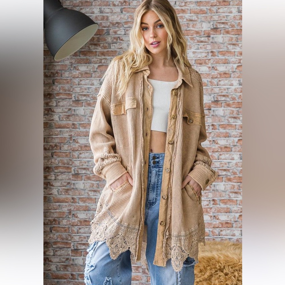 Oil & Hali Cappuccino Washed Button Down Lace Shacket